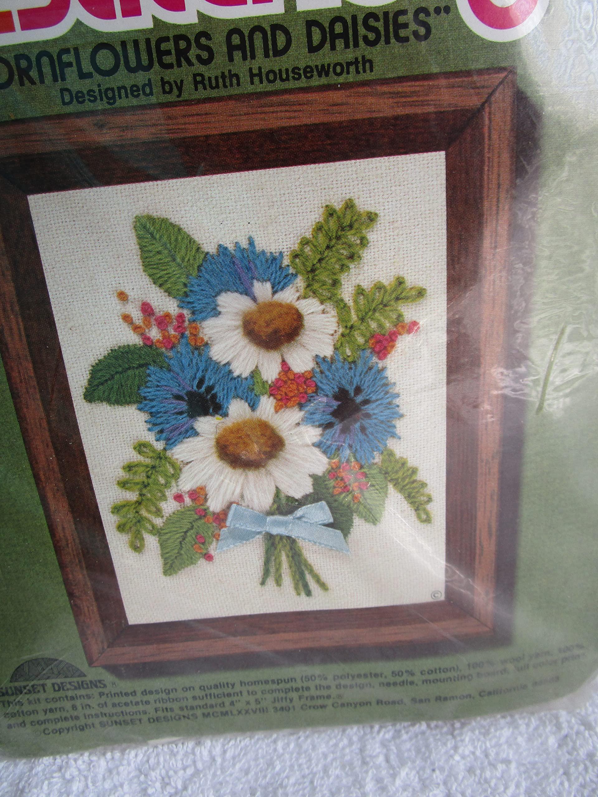 lovithanko cornflowers and daisies jiffy stitchery embroidery kit 4`` x 5`` vintage 1978 ##cardladywichita