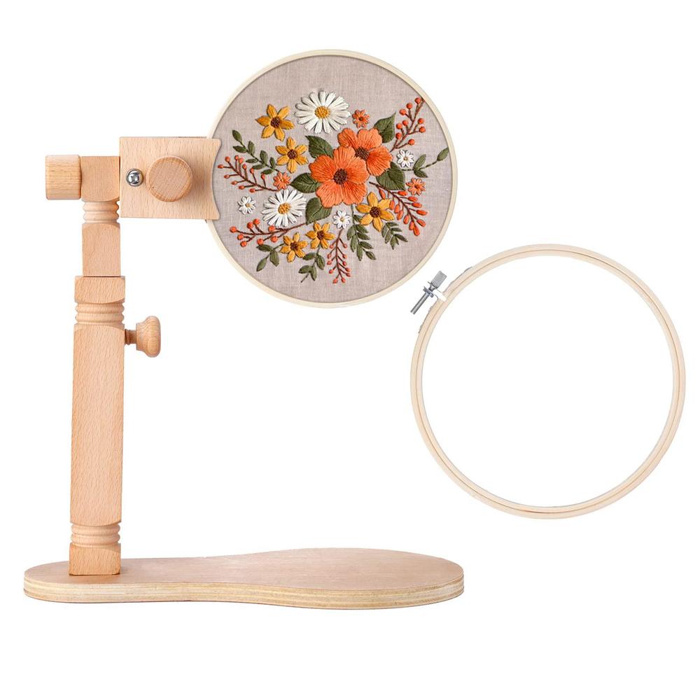 gekmor wood adjustable embroidery stand, rotatable wooden cross stitch  holder with 2 pcs embroidery hoops, 5.91 embroidery ho