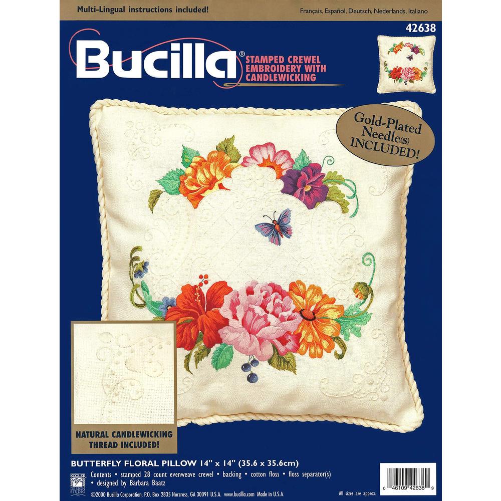 bucilla - butterfly floral pillow - stamped crewel embroidery with candlewicking kit 42638