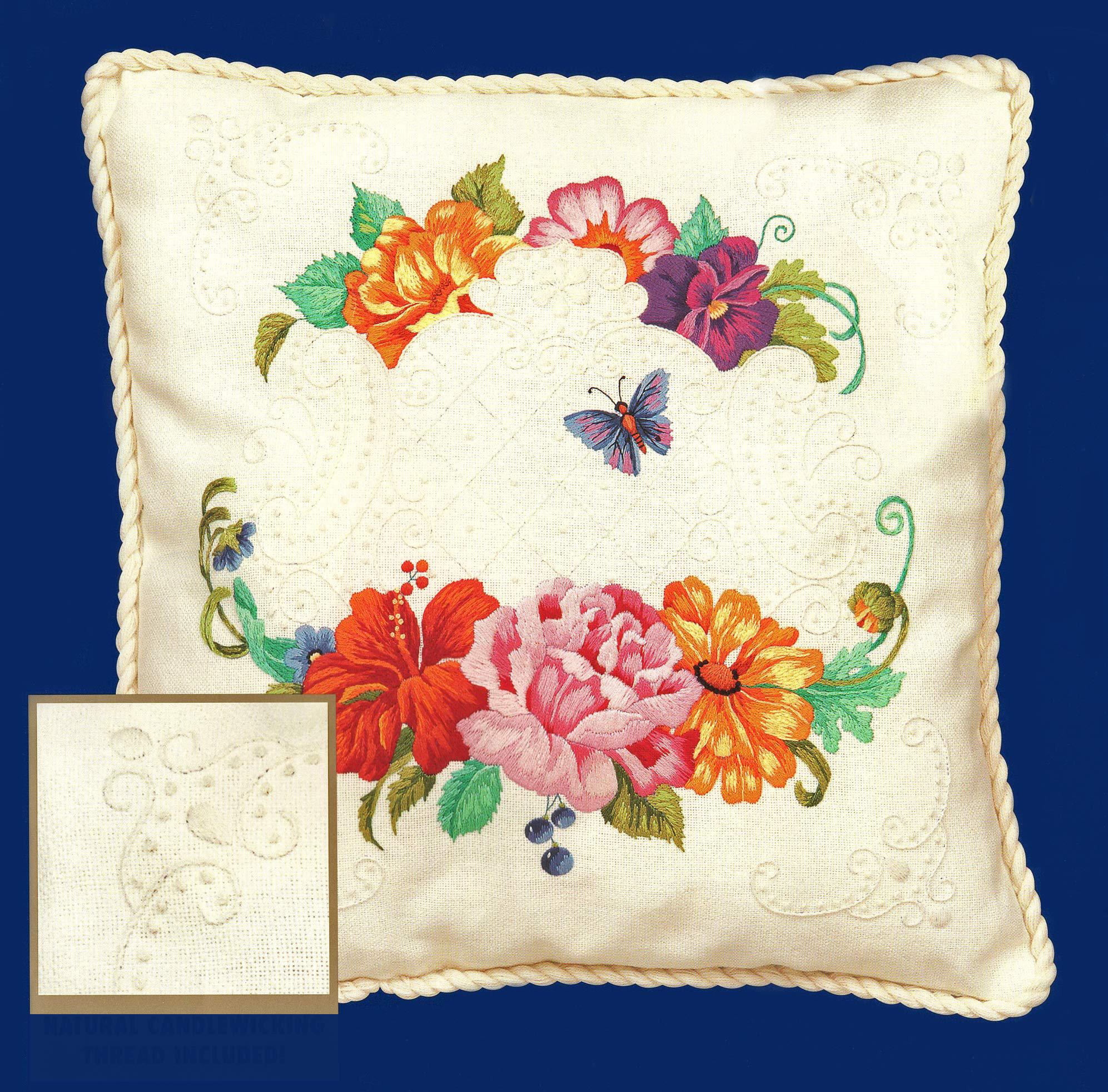 bucilla - butterfly floral pillow - stamped crewel embroidery with candlewicking kit 42638