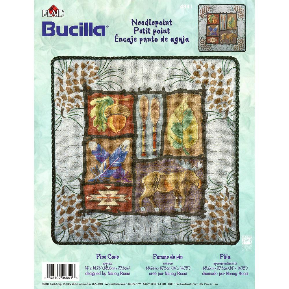 bucilla counted cross stitch pine cone - needlepoint petit point pillow kit 4841, green