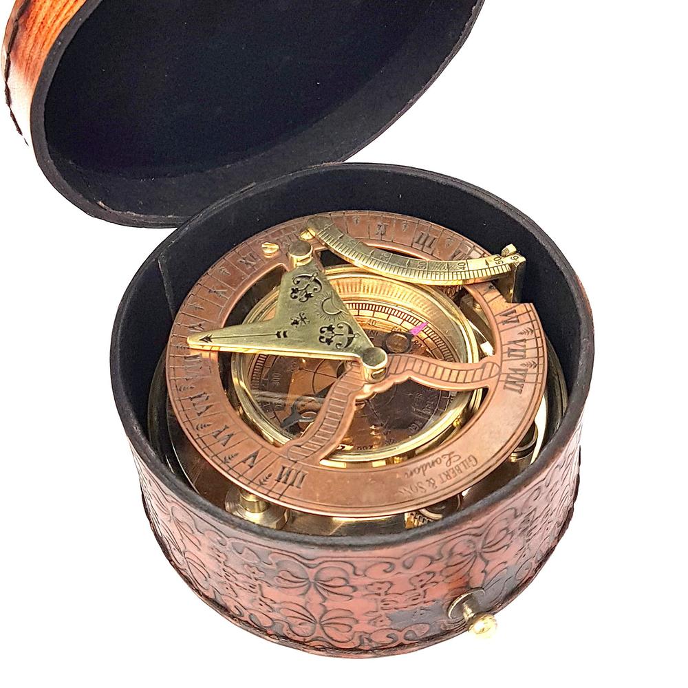brass nautical - antique brass & copper sundial compass, sundial clock, sun dial in box gift sun clock ship replica watch sun