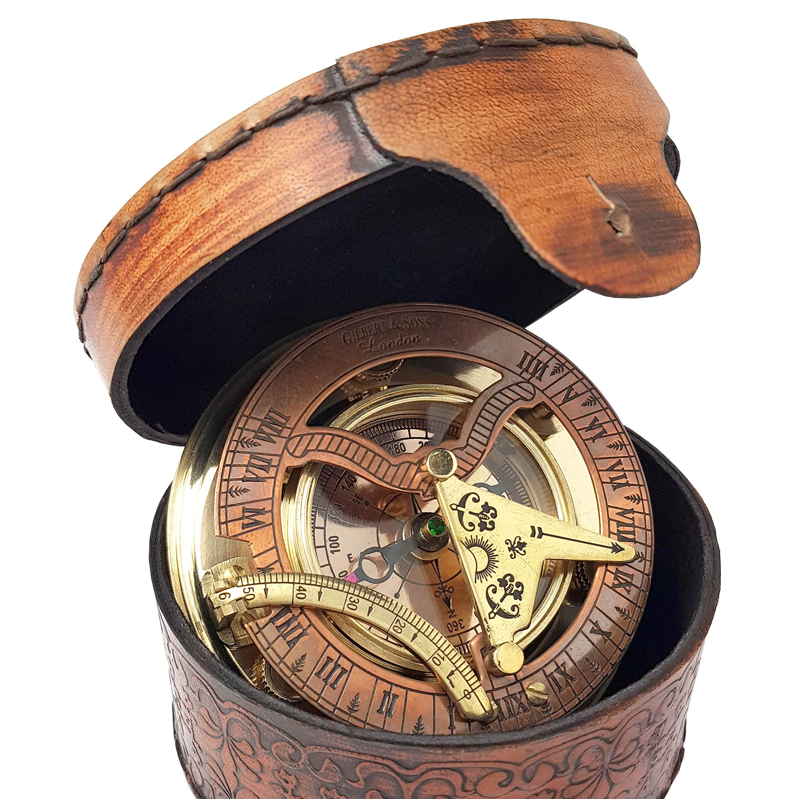 brass nautical - antique brass & copper sundial compass, sundial clock, sun dial in box gift sun clock ship replica watch sun