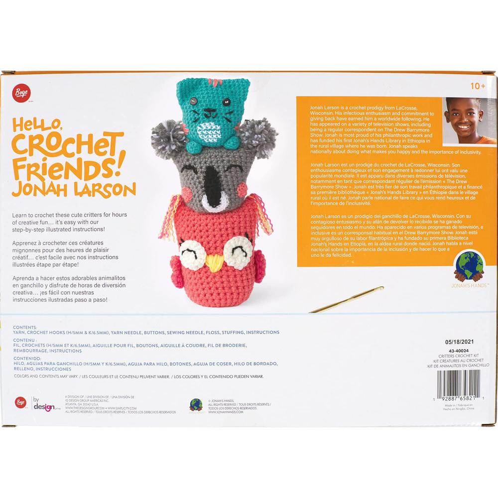 boye jonah's hands cute critters beginners crochet kit for kids and adults, makes 3 animals, multicolor 10 piece