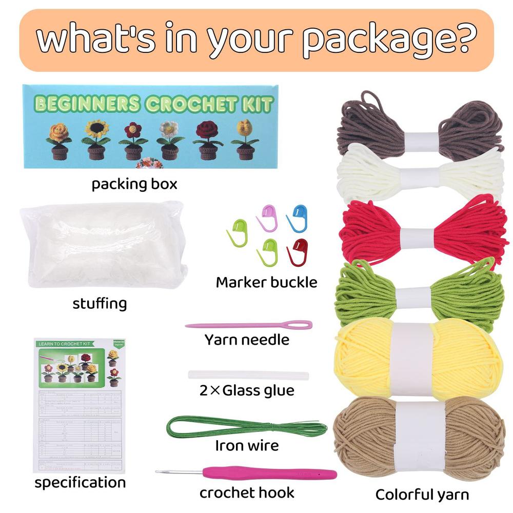artcentury crochet kit for beginners-6pcs potted flowers beginner