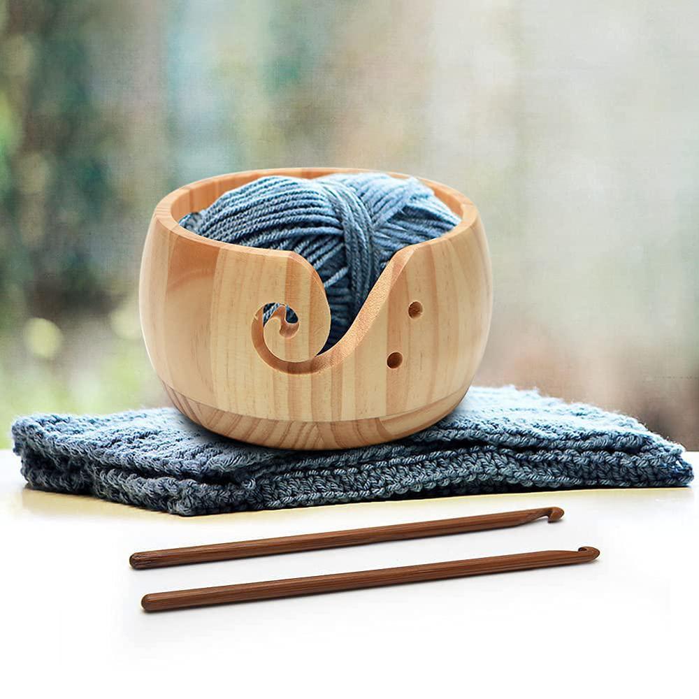CXOYLL wooden yarn bowl with bamboo crochet hooks & holes, knitting accessories diy hand craft yarn storage bowls for yarn balls & s