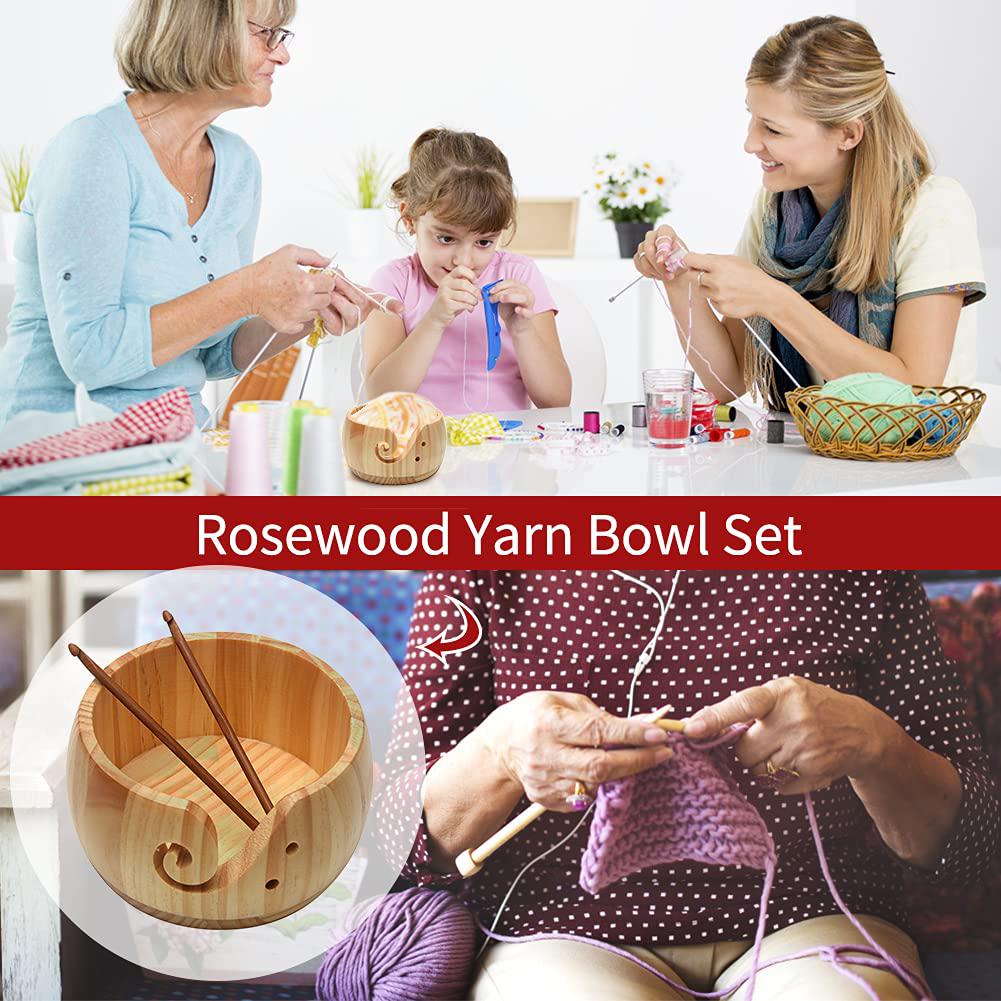 CXOYLL wooden yarn bowl with bamboo crochet hooks & holes, knitting accessories diy hand craft yarn storage bowls for yarn balls & s
