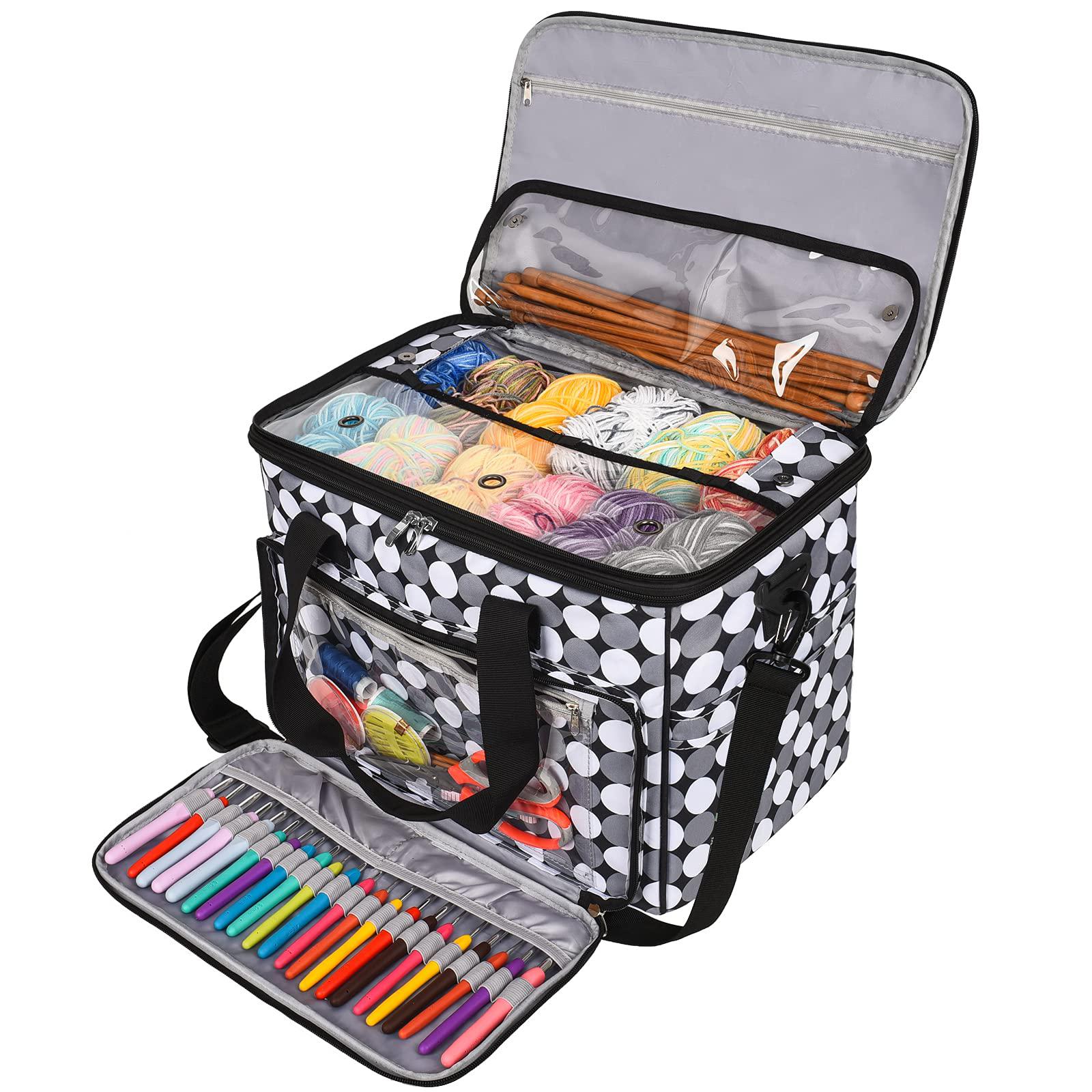 TOKSKS knitting bag, yarn tote organizer with cover and ajustable inner  divider for crochet hooks, knitting needles(up to 14), yarn