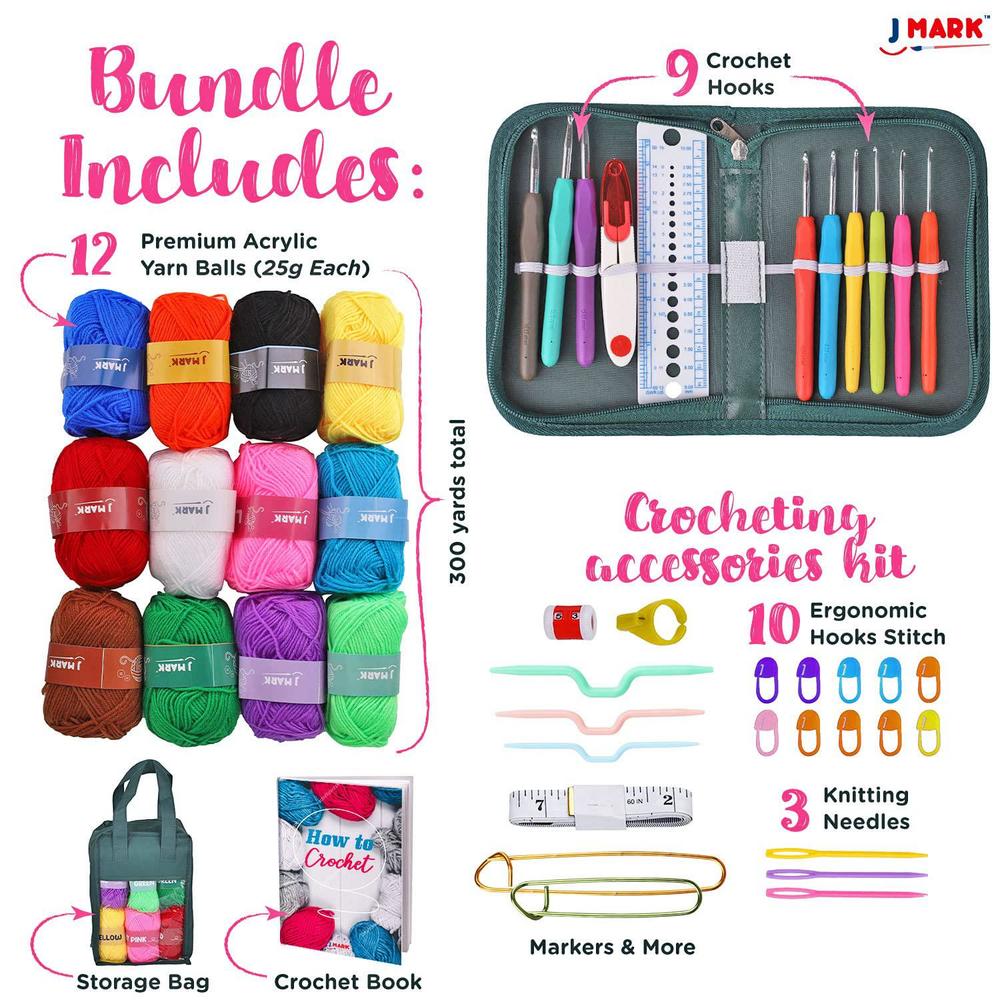 j mark crochet kit with yarn set- premium bundle includes crochet hooks, acrylic crochet yarn balls, needles, book, bags and 