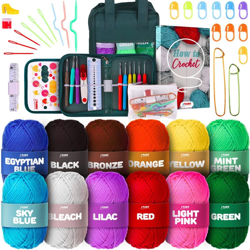 j mark crochet kit with yarn set- premium bundle includes crochet hooks, acrylic crochet yarn balls, needles, book, bags and 