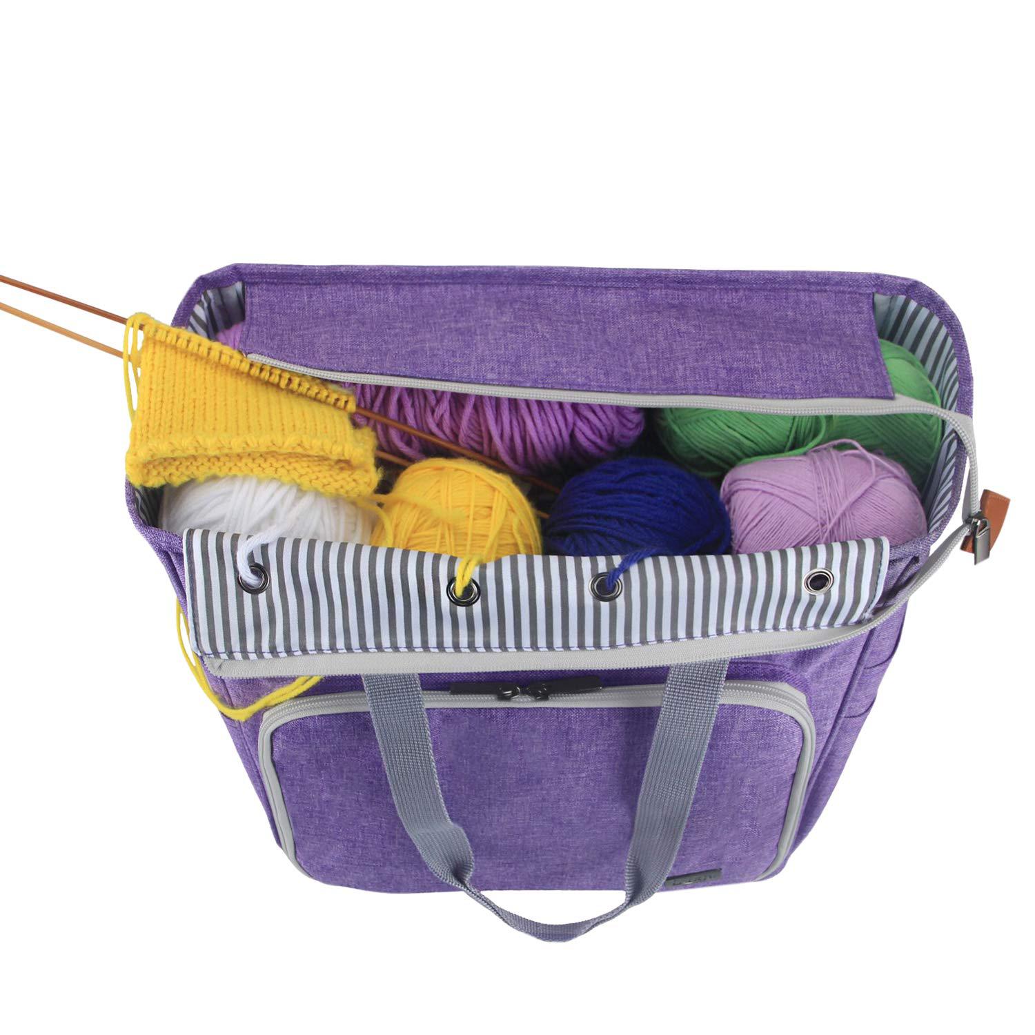luxja knitting tote bag, yarn storage bag for carrying projects, knitting needles, crochet hooks and other accessories, purpl