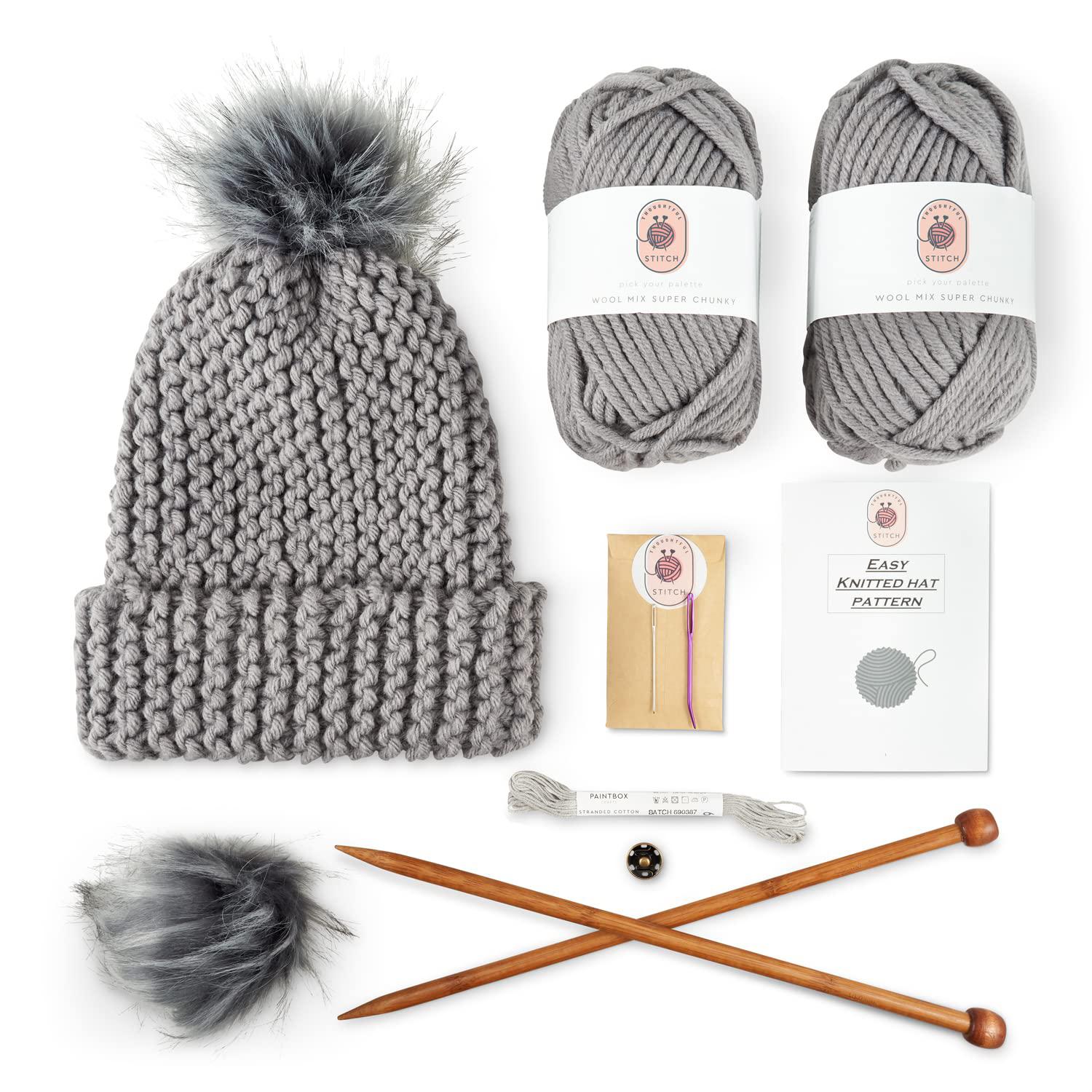 thoughtful stitch knitting kits for beginners adults - practical and easy  to use hat knitting kit with yarn, bamboo knitting needles, faux pom