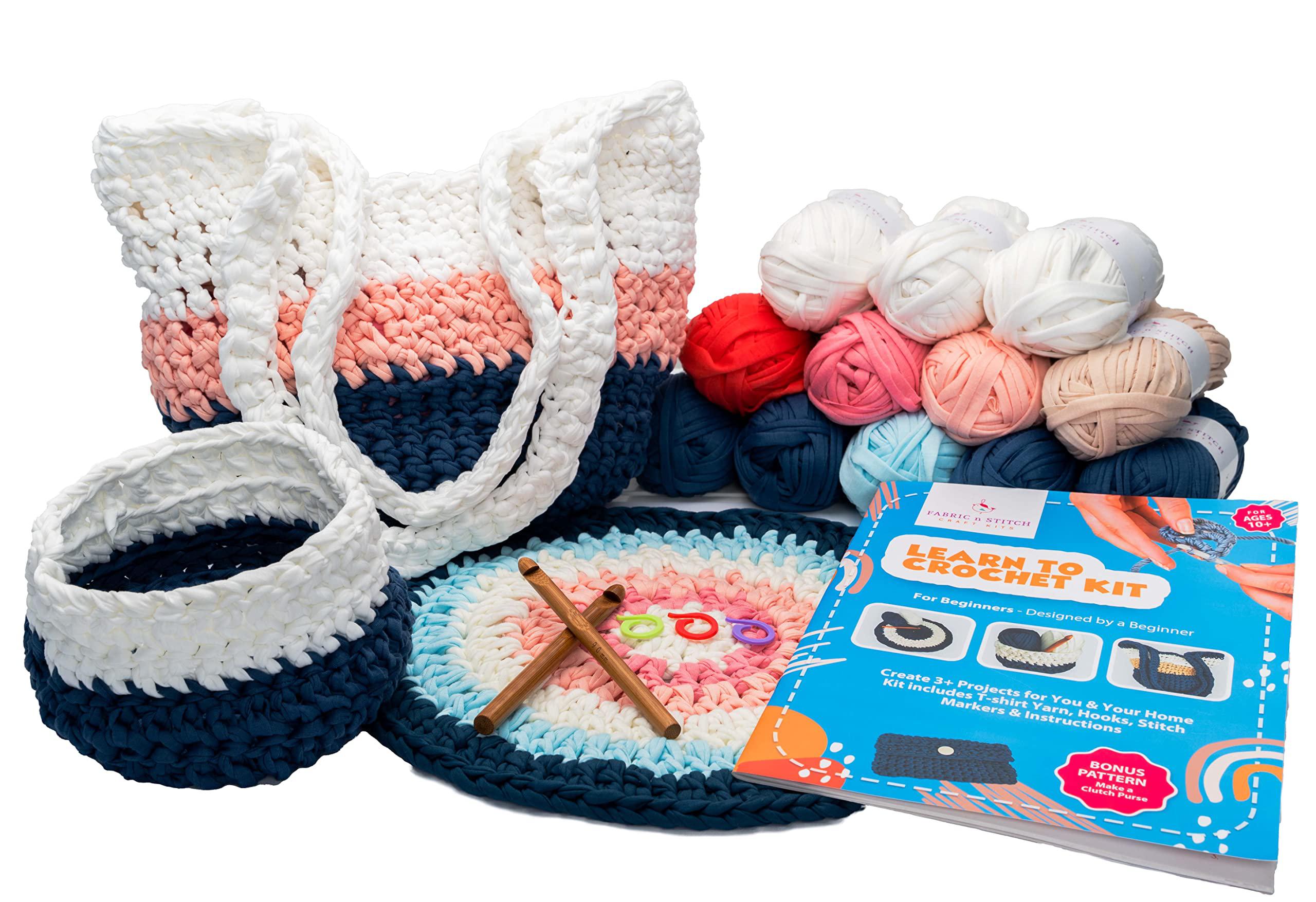 fabric n stitch beginner crochet kit. learn to crochet & create 4