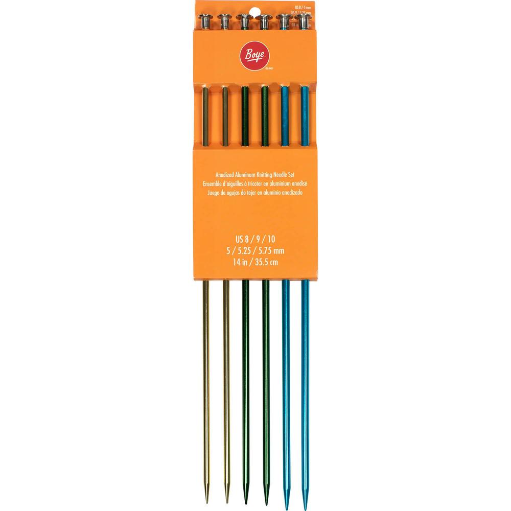 boye anodized aluminum straight knitting needle set, us sizes 8, 9, 10, multicolor