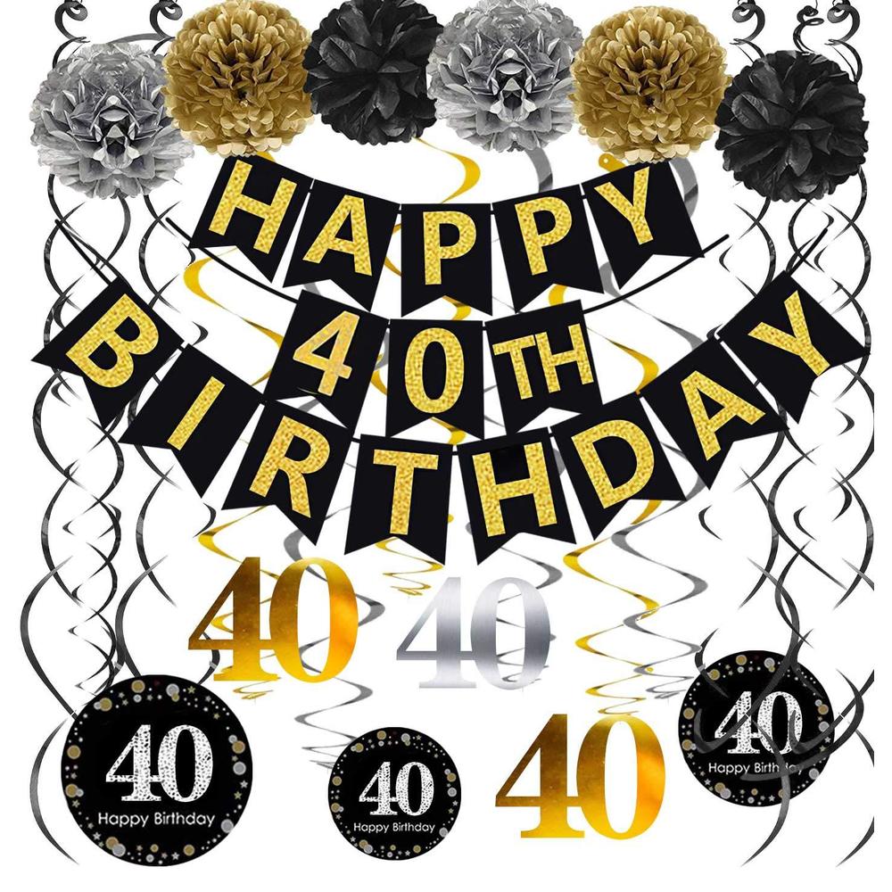 famoby black & gold glittery happy 40th birthday banner,poms,sparkling 40 hanging swirls kit for 40th birthday party 40th ann