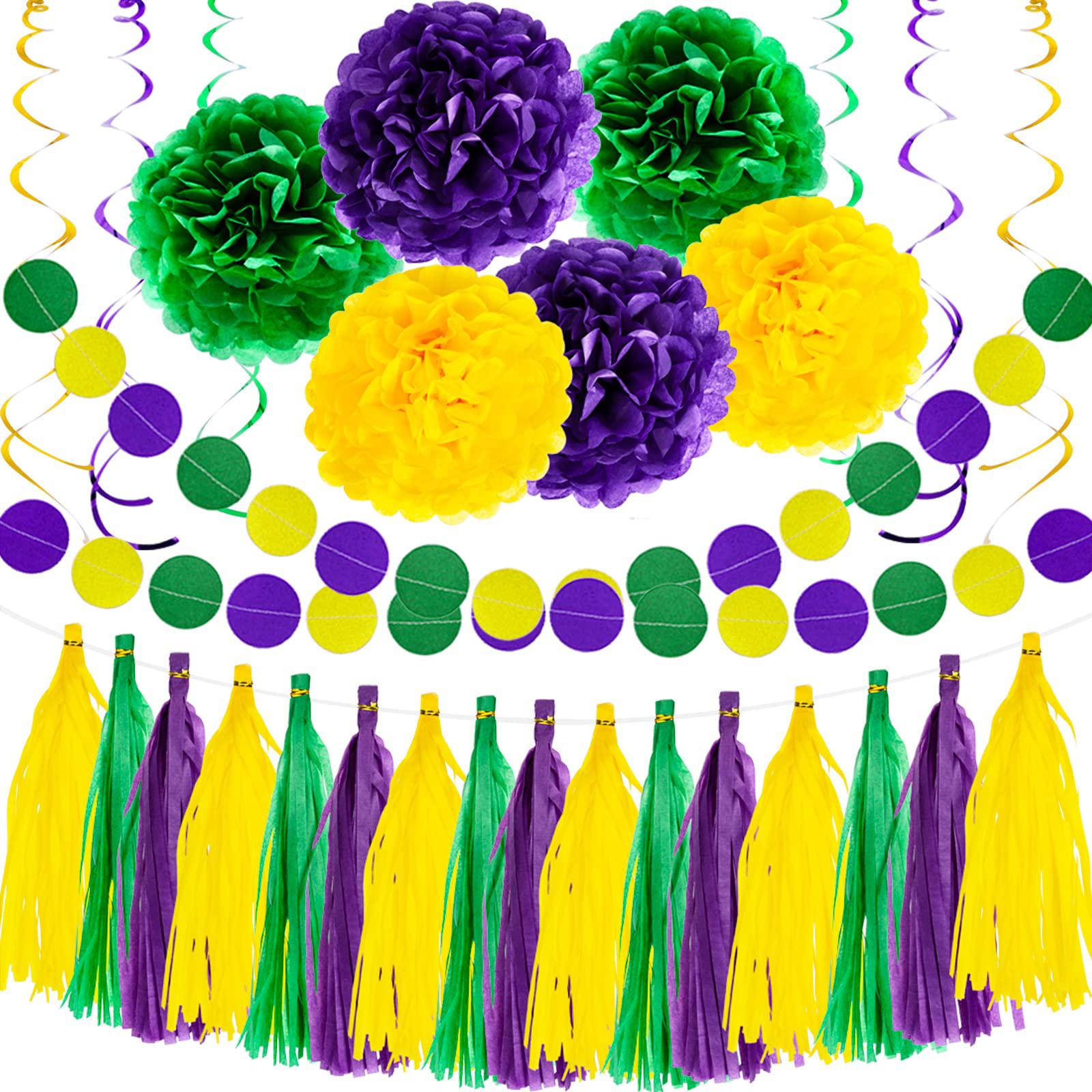 Lansian 32pcs mardi gras decorations party favors supplies, mardi gras  decor props backdrop, hanging swirl tissue paper pom poms garl