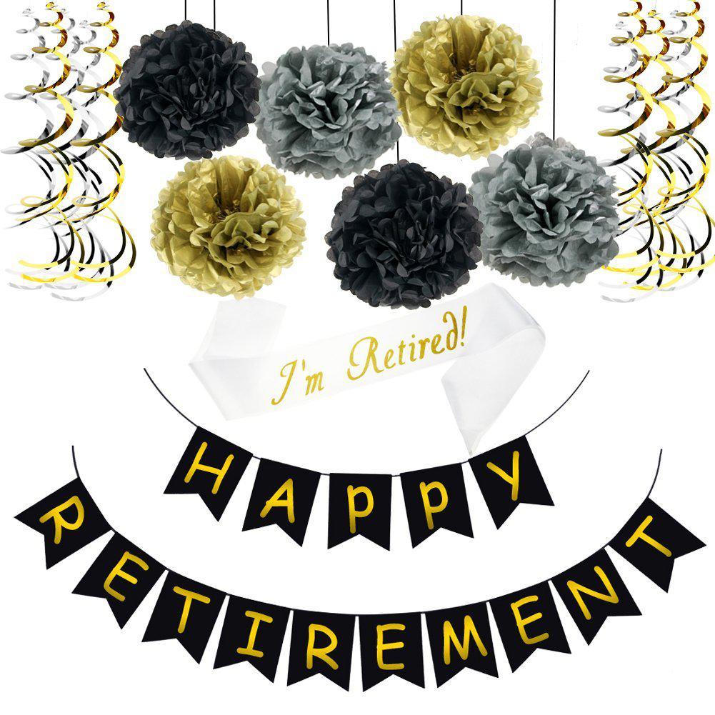 AHCSMRE retirement party decorations, black and gold retirement party supplies with happy retirement banner paper pom pom hanging swi