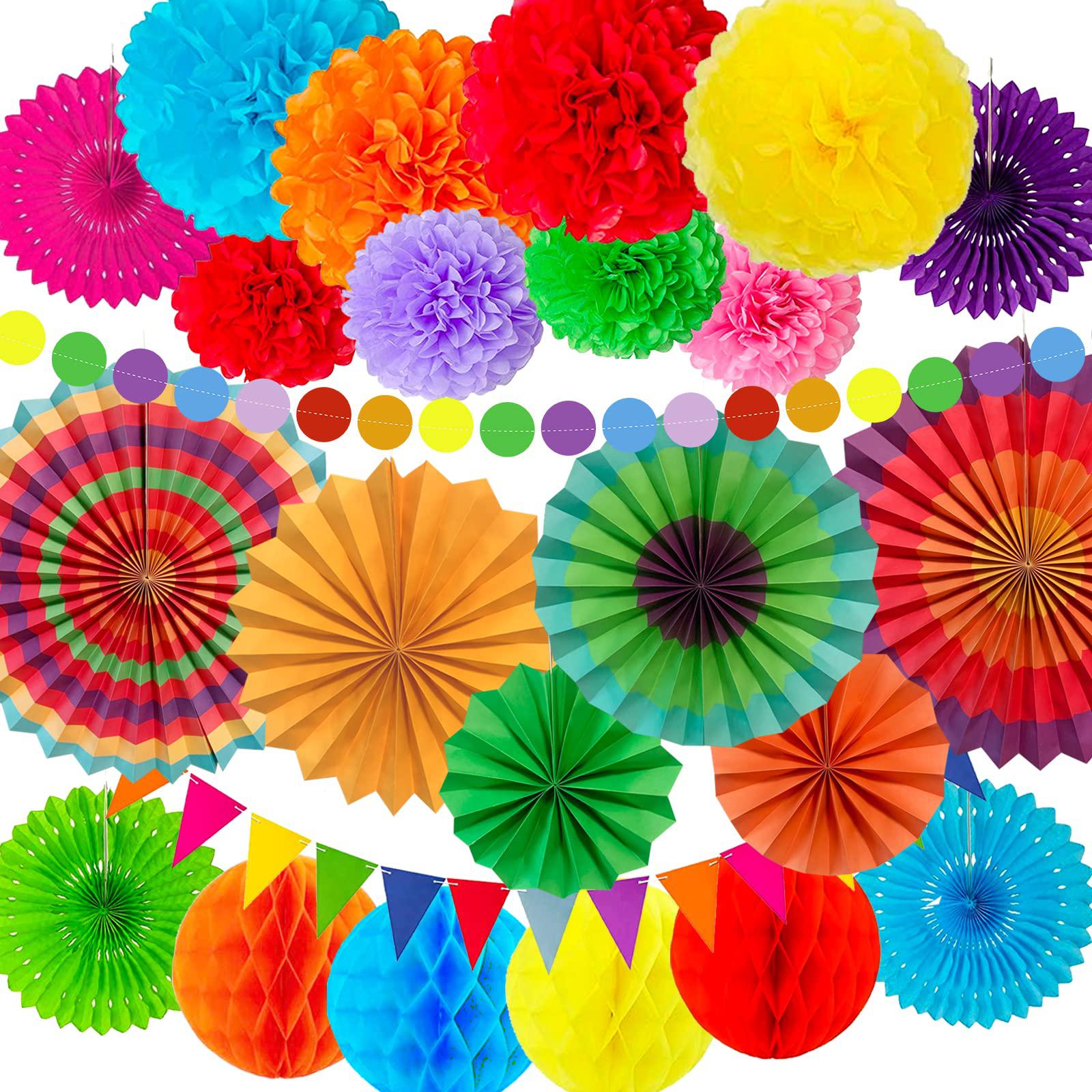 Fiesta Paper Fan Party Decorations Set, 24pcs Colorful Paper Fans, Hollow Paper Fans, Tissue Paper Pom Poms, Honeycomb Balls, Dot Garland for Fiesta