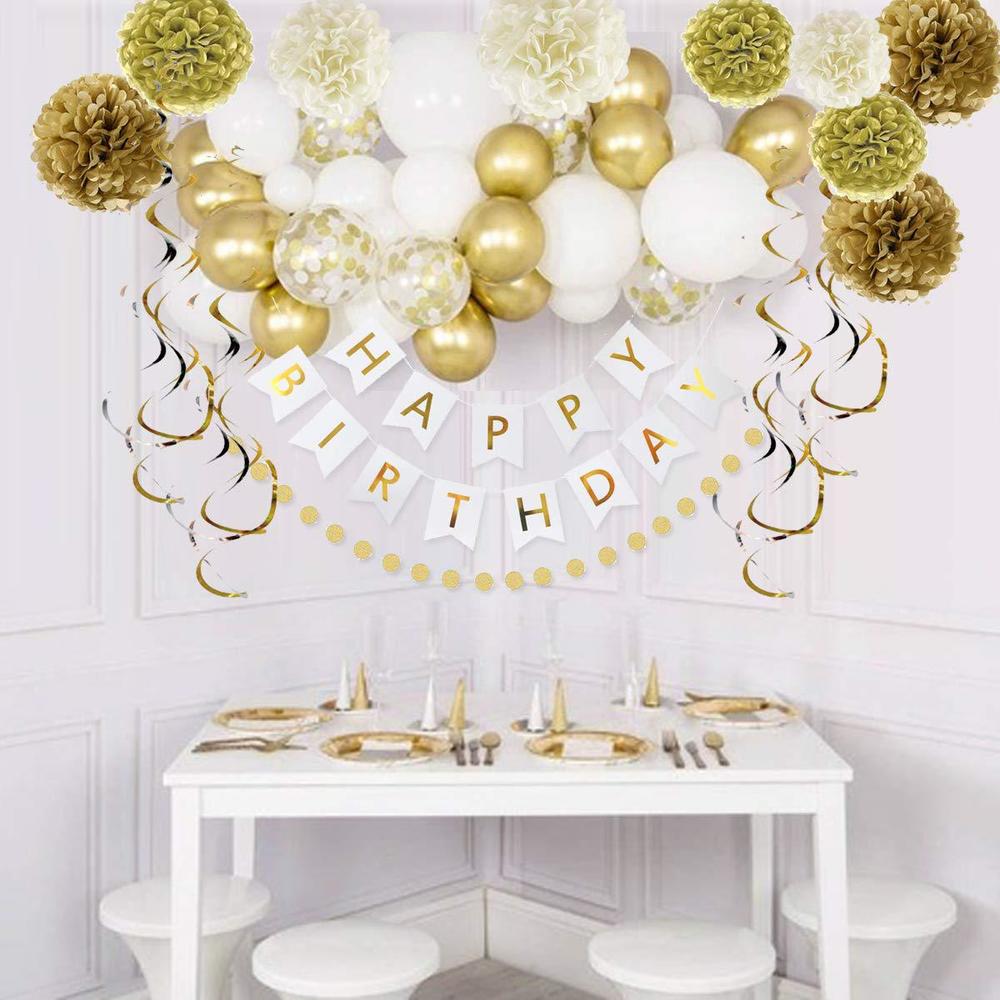 OuMuaMua 49 pack gold happy birthday decorations for women grils, gold white birthday decoration set with birthday banner, gold white 
