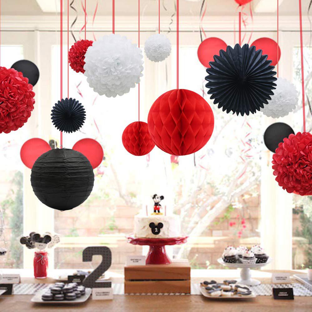 ADLKGG red white black party decorations 16pcs paper pom poms honeycomb  balls lanterns tissue fans for