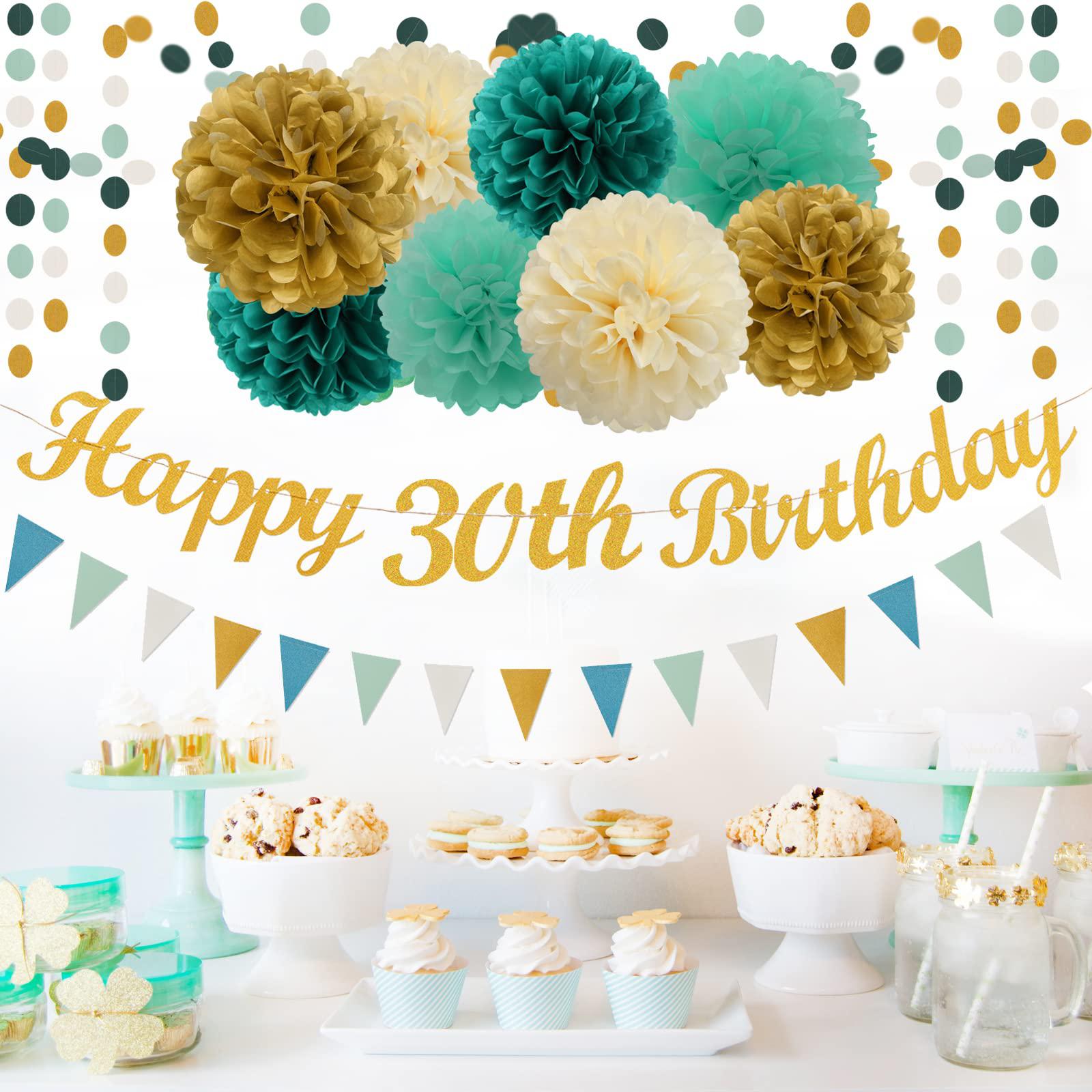 Panduola teal-blue mint beige-gold 30th-birthday party decorations - 31pcs  tissue pom poms streamers,baby