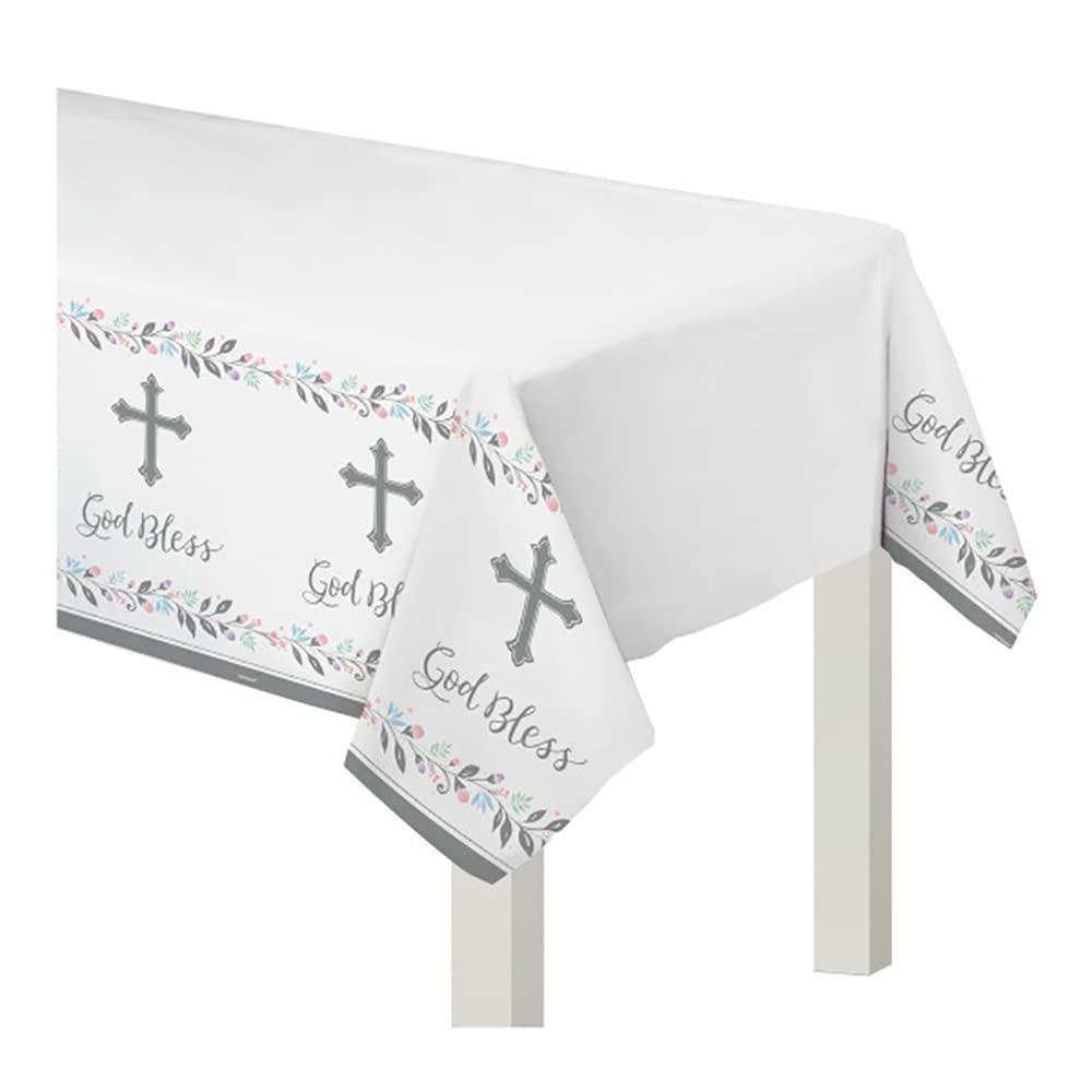 amscan holy day plastic plastic table cover - 54" x 102" white & gray, 1 pc