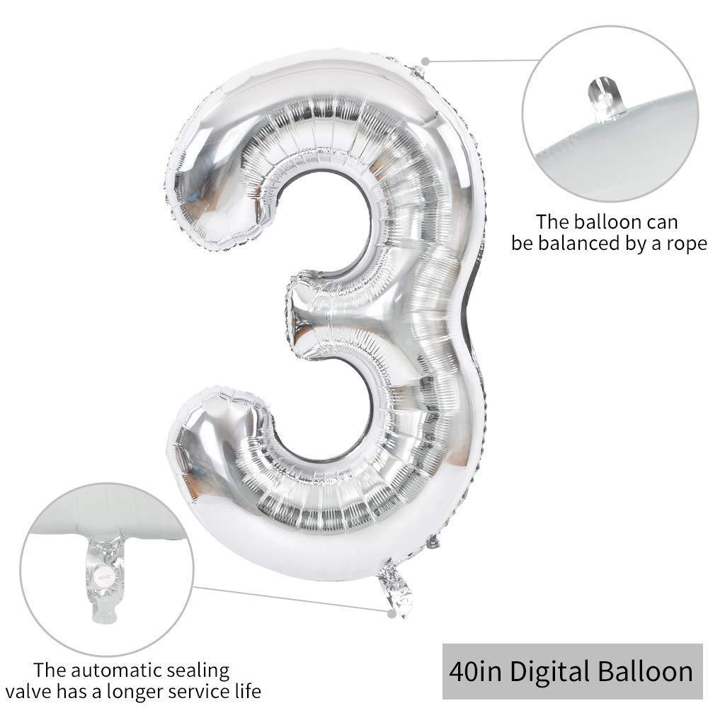 toniful 40 inch silver large numbers balloons 0-9, number 3 digit 3 helium balloons, foil mylar big number balloons for birth