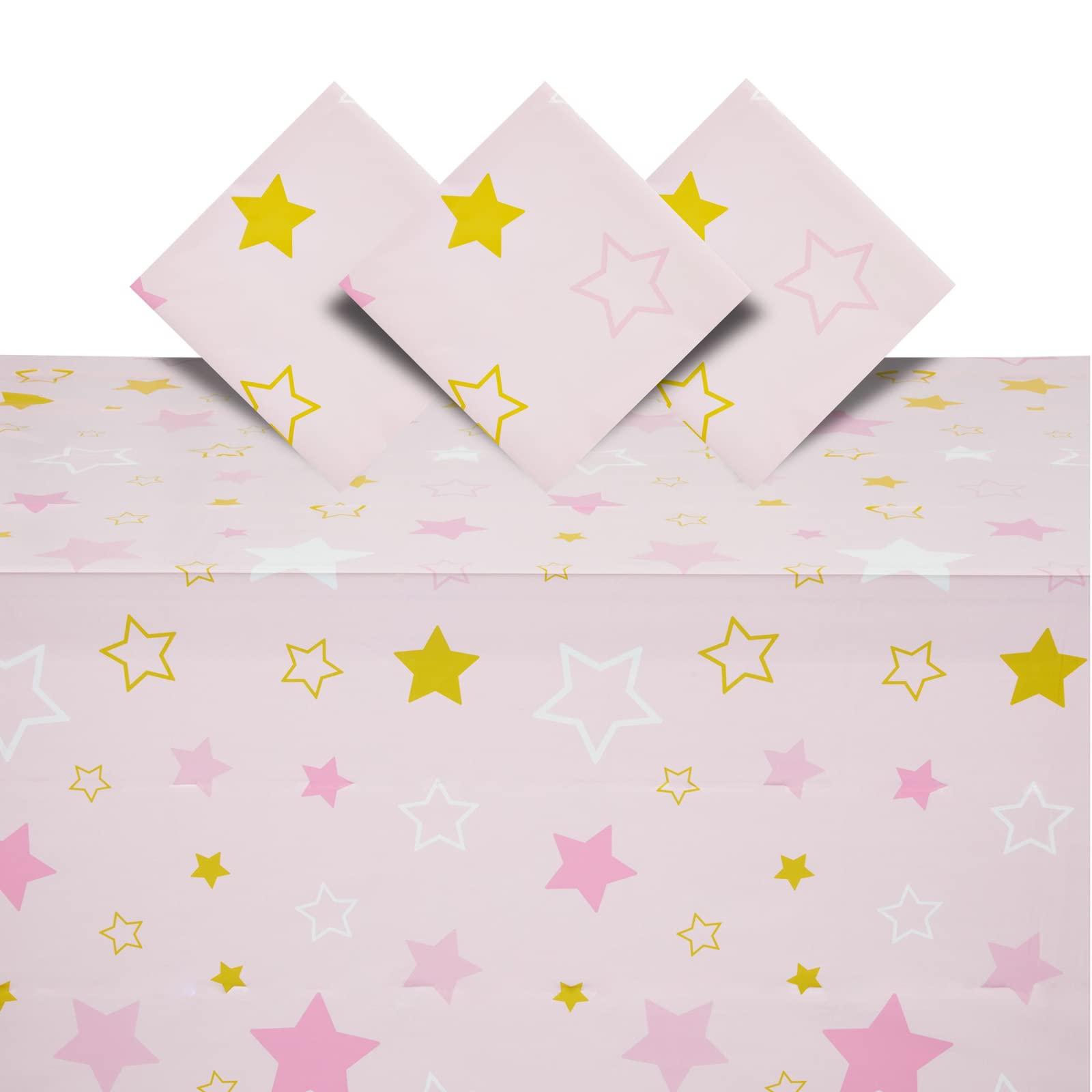 blue panda 3 pack pink plastic table covers for girls twinkle twinkle little star baby shower decorations (54 x 108 in)