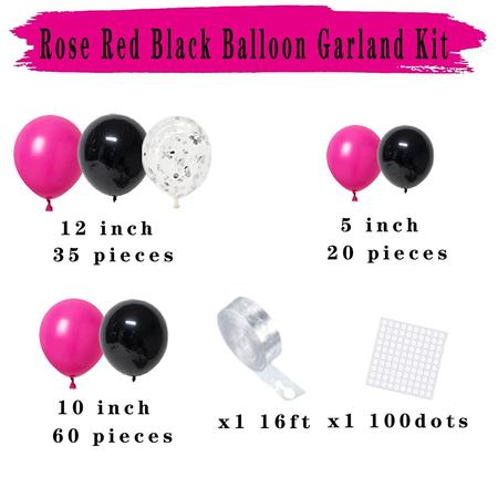 PASOCON rose red black hot pink balloon garland arch kit - 117pcs rose red  hot pink black