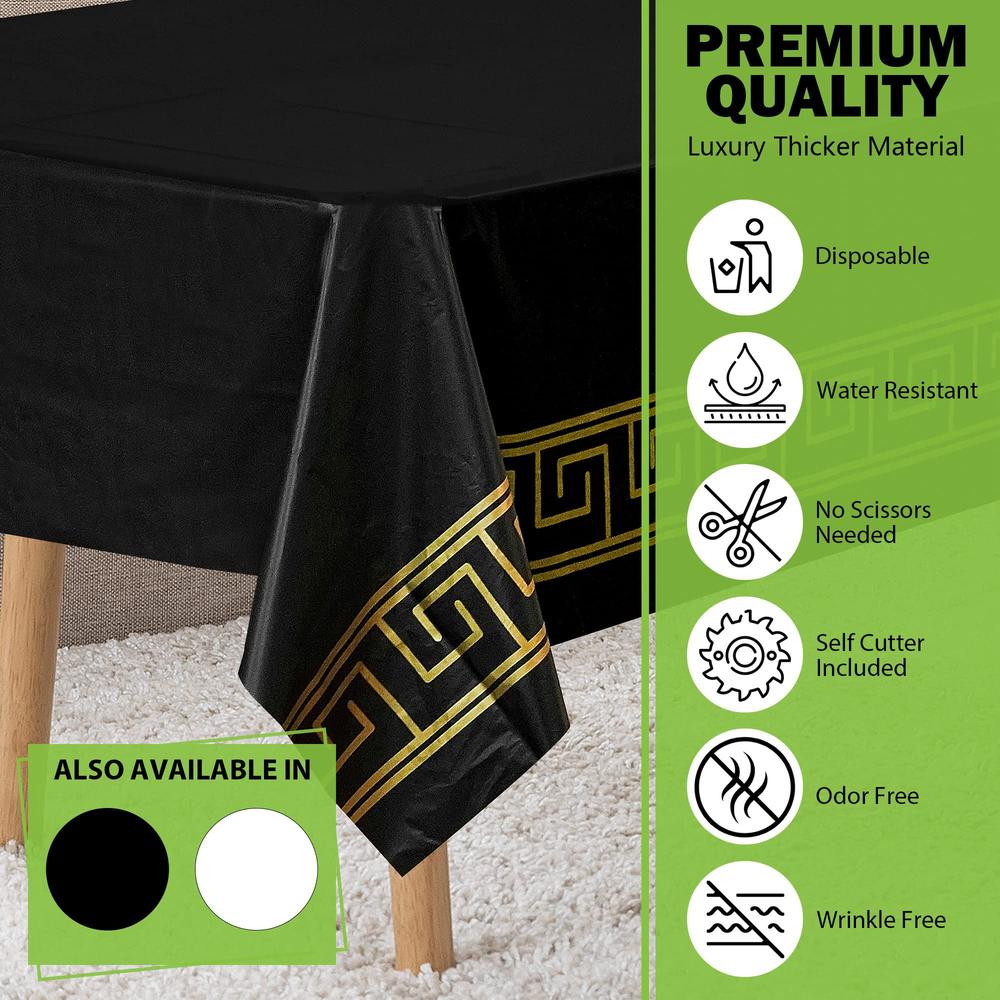 amatra - disposable table cloth, waterproof table cover, elegant plastic table cloth, black table cloth with gold trim, versa