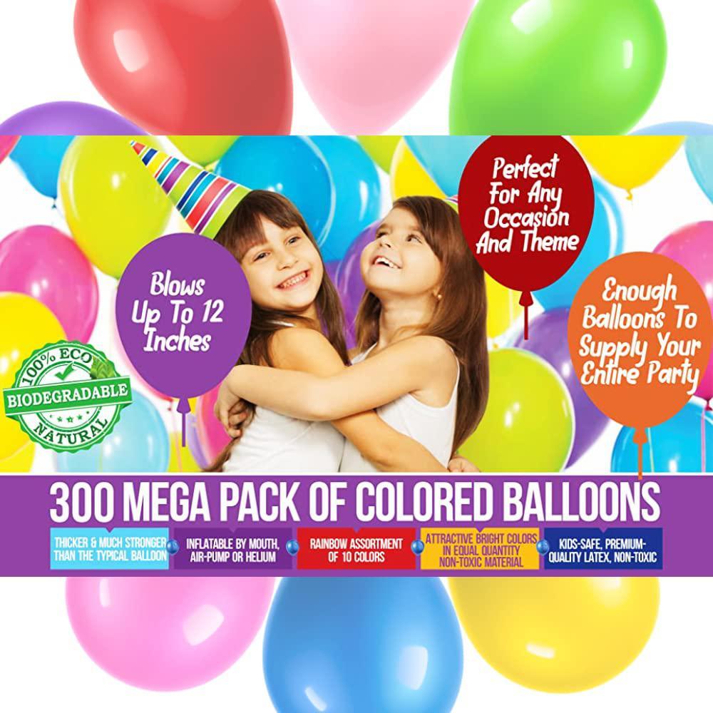 prextex 300 party balloons 12 inch 10 assorted rainbow colors - bulk pack of strong latex balloons for party decorations, bir
