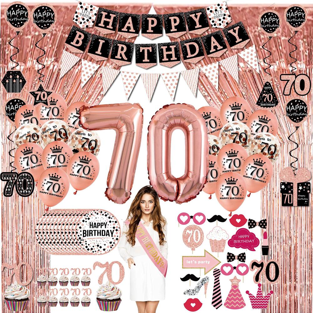 jenlion 70th birthday decorations for women - (76pack) rose gold party banner, pennant, hanging swirl, birthday balloons, foil backdr