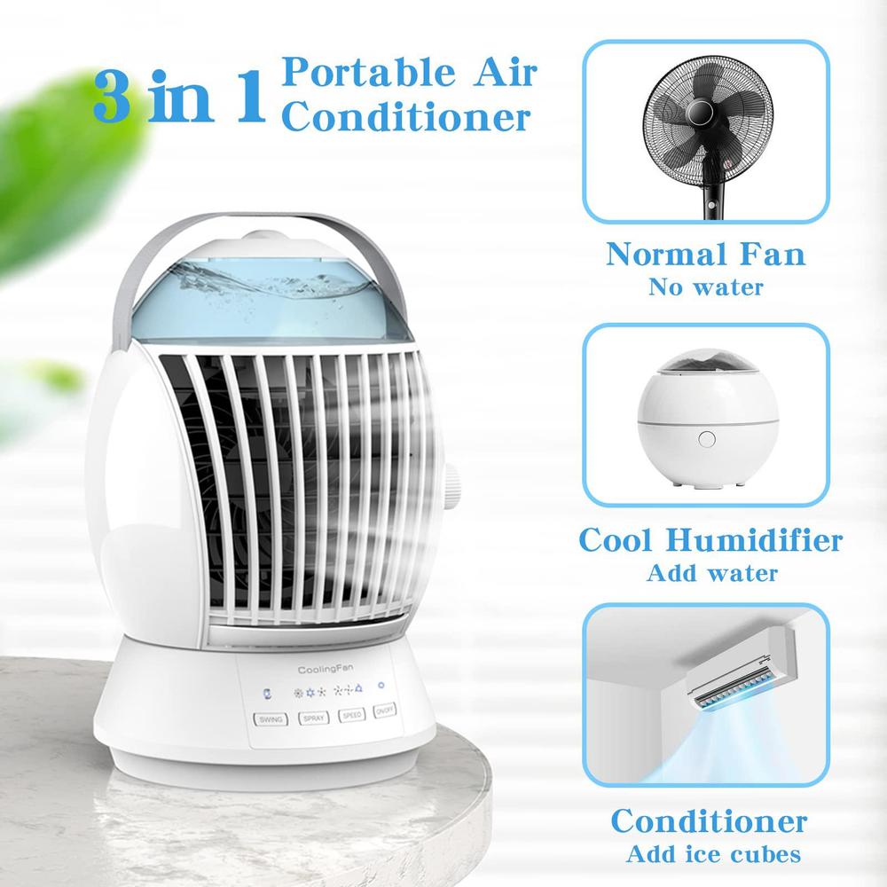 weivioq portable air conditioners,portable ac with 3 speeds, ultrasonic mist maker & blue light, humidifier desk fan with 500ml tank 