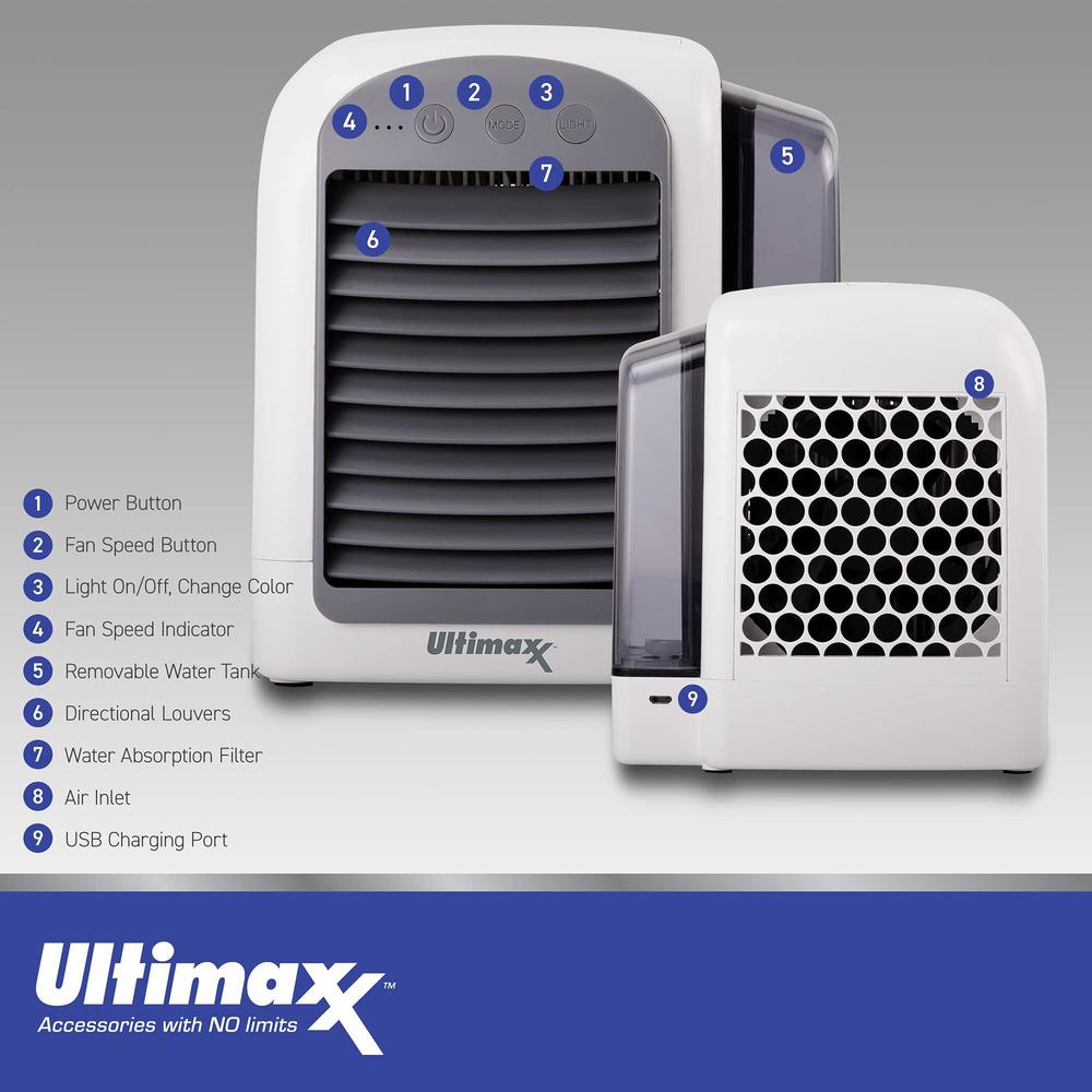 ultimaxx 2 pack - cordless, portable mini air conditioner with 3 speeds - personal air conditioner cooling fan is whisper-qui
