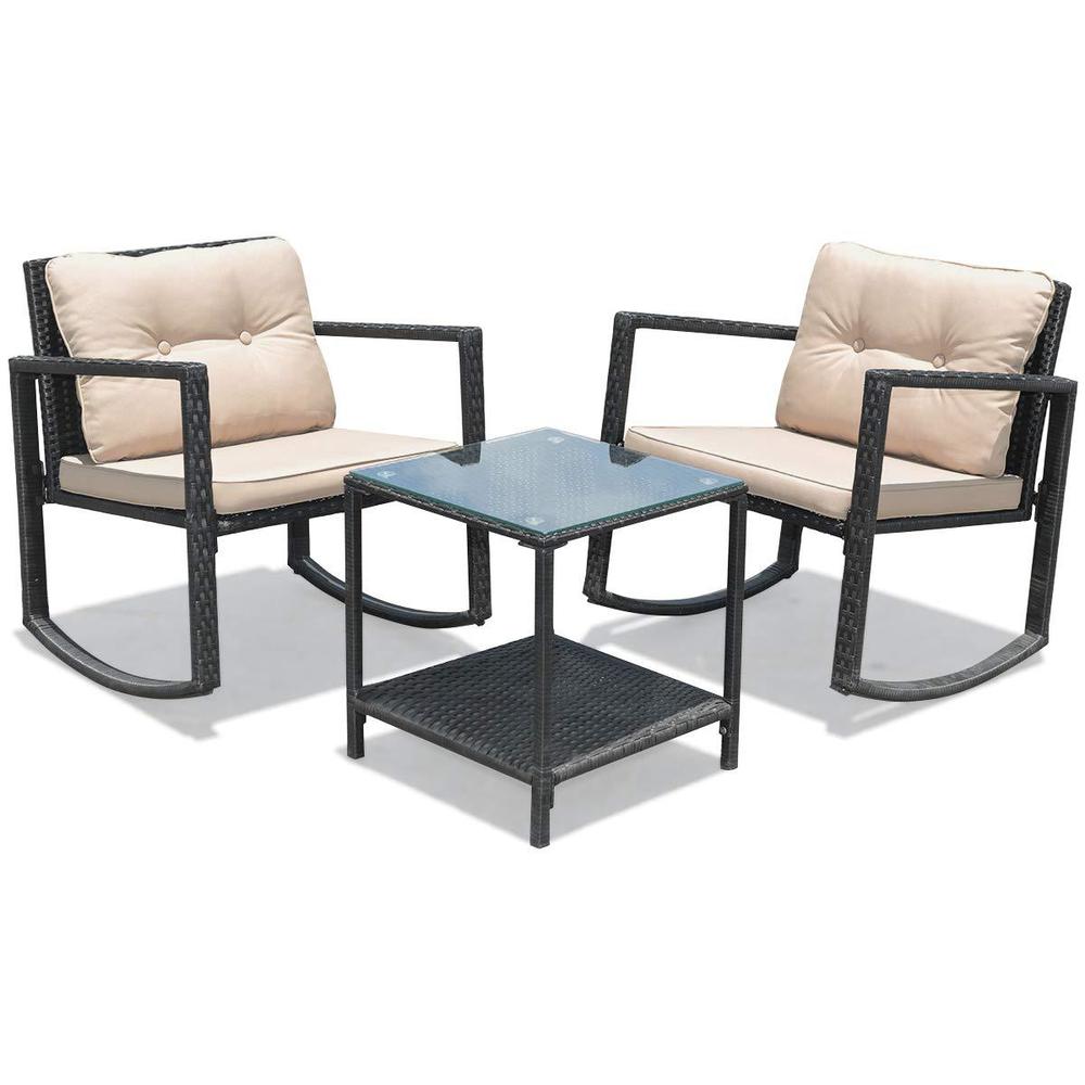 bestcomfort 3 pieces rocking bistro sets, wicker patio furniture sets,wicker chairs with tempered glass table