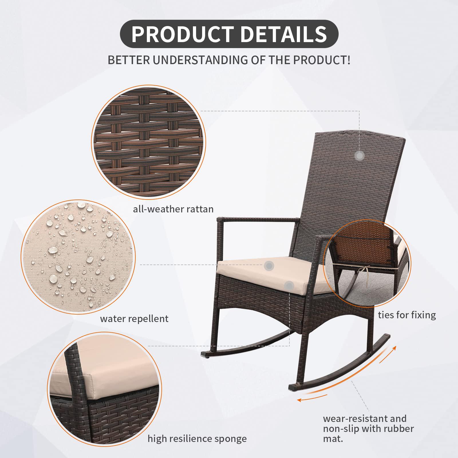 Rattaner outdoor pe wicker rocking chair 3-piece patio rattan bistro set 2 rocker armchair and glass coffee side table furniture washa