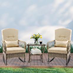 cirmubuy 3-piece patio furniture set,outdoor rocking chairs set of 2, patio conversation set with 2 wicker chairs with glass 
