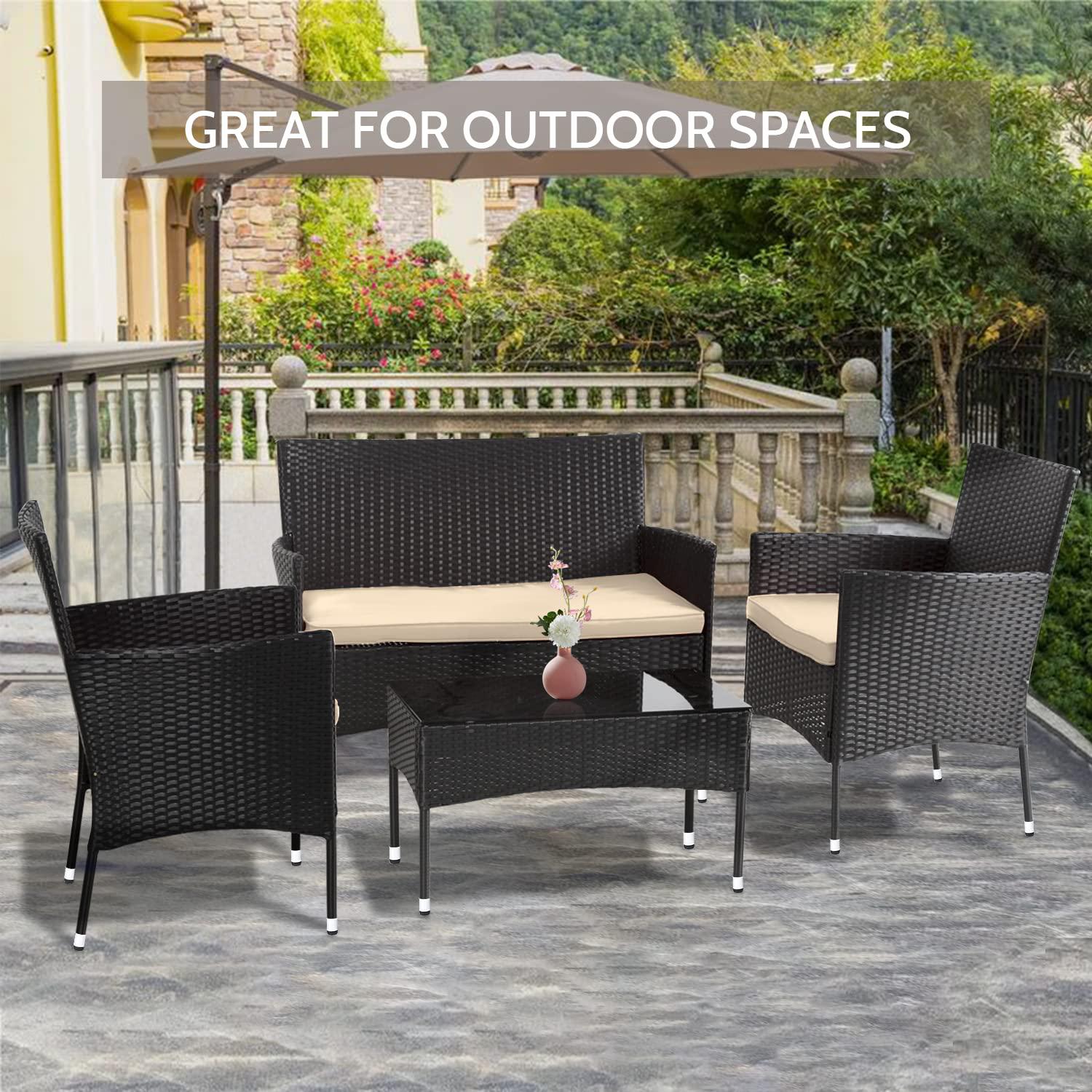 fdw patio furniture set 4 pieces outdoor rattan chair wicker sofa garden conversation bistro sets for yard,pool or backyard