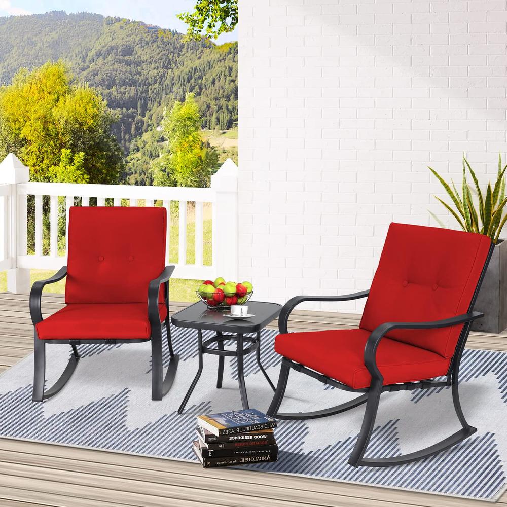 solaura 3-piece outdoor rocking chairs bistro set, black iron patio furniture with red thickened cushion & glass-top coffee t