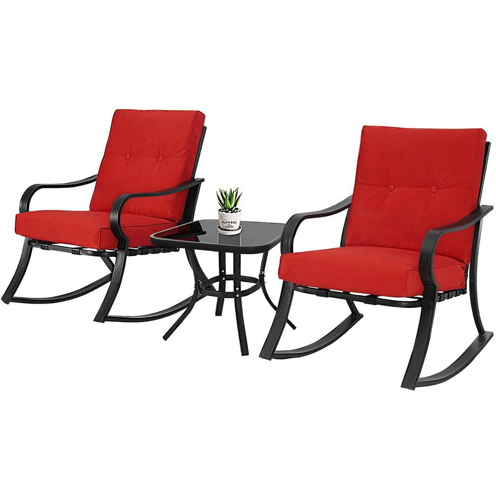 solaura 3-piece outdoor rocking chairs bistro set, black iron patio furniture with red thickened cushion & glass-top coffee t