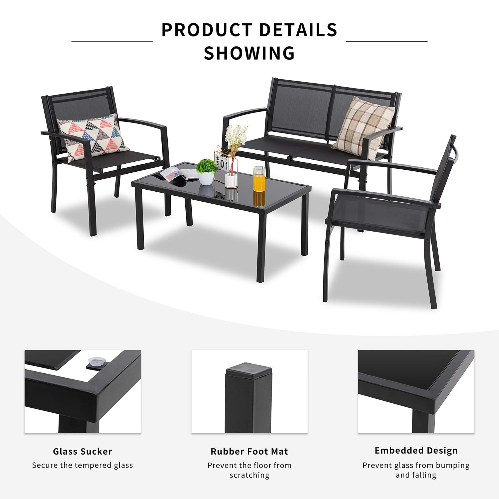 shintenchi 4 pieces patio furniture set all weather textile fabric outdoor conversation set, with glass coffee table, lovesea