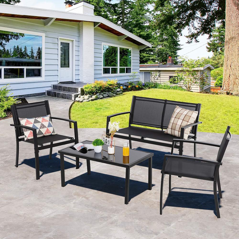 shintenchi 4 pieces patio furniture set all weather textile fabric outdoor conversation set, with glass coffee table, lovesea
