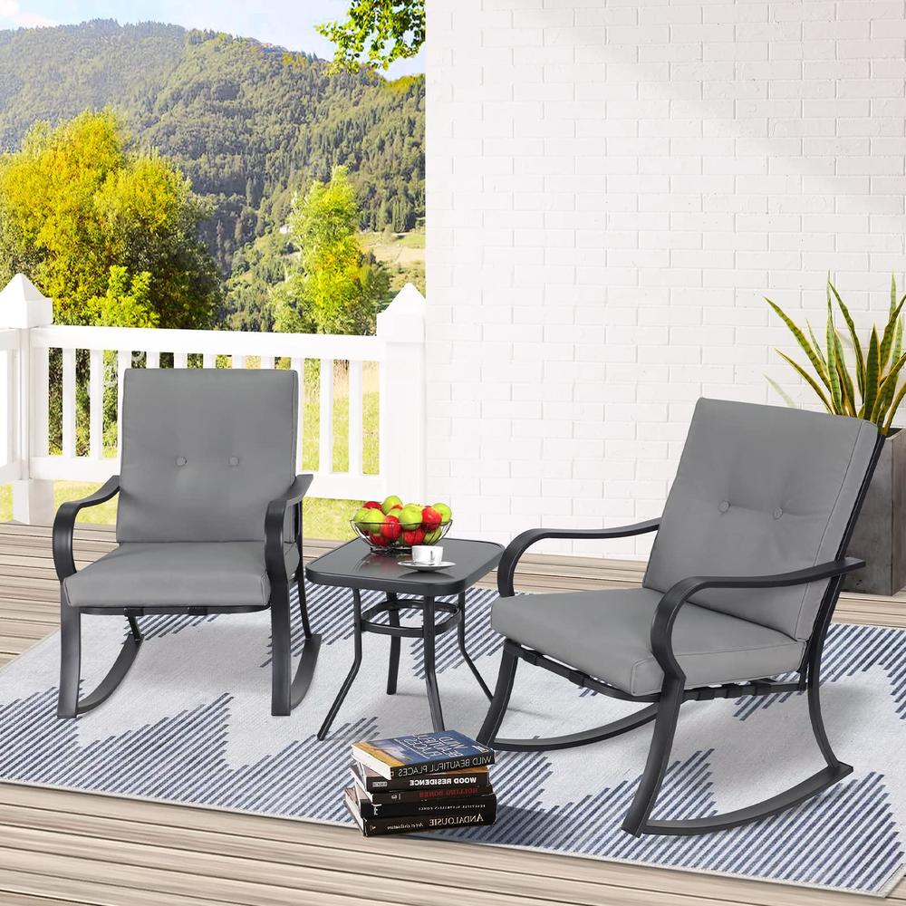 solaura 3-piece outdoor rocking chairs bistro set, black iron patio furniture with gray thickened cushion & glass-top coffee 