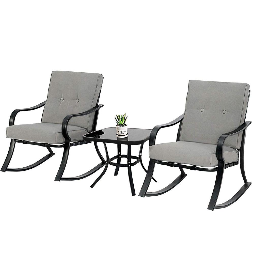 solaura 3-piece outdoor rocking chairs bistro set, black iron patio furniture with gray thickened cushion & glass-top coffee 