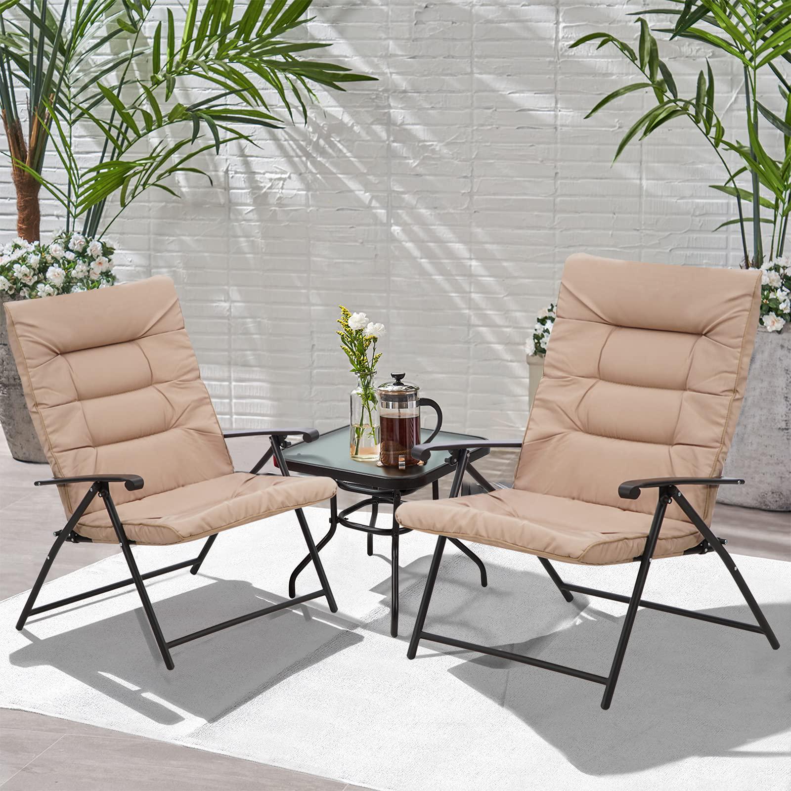 suncrown 3-piece outdoor furniture patio padded folding chair set patio bistro set foldable adjustable reclining lounge chair