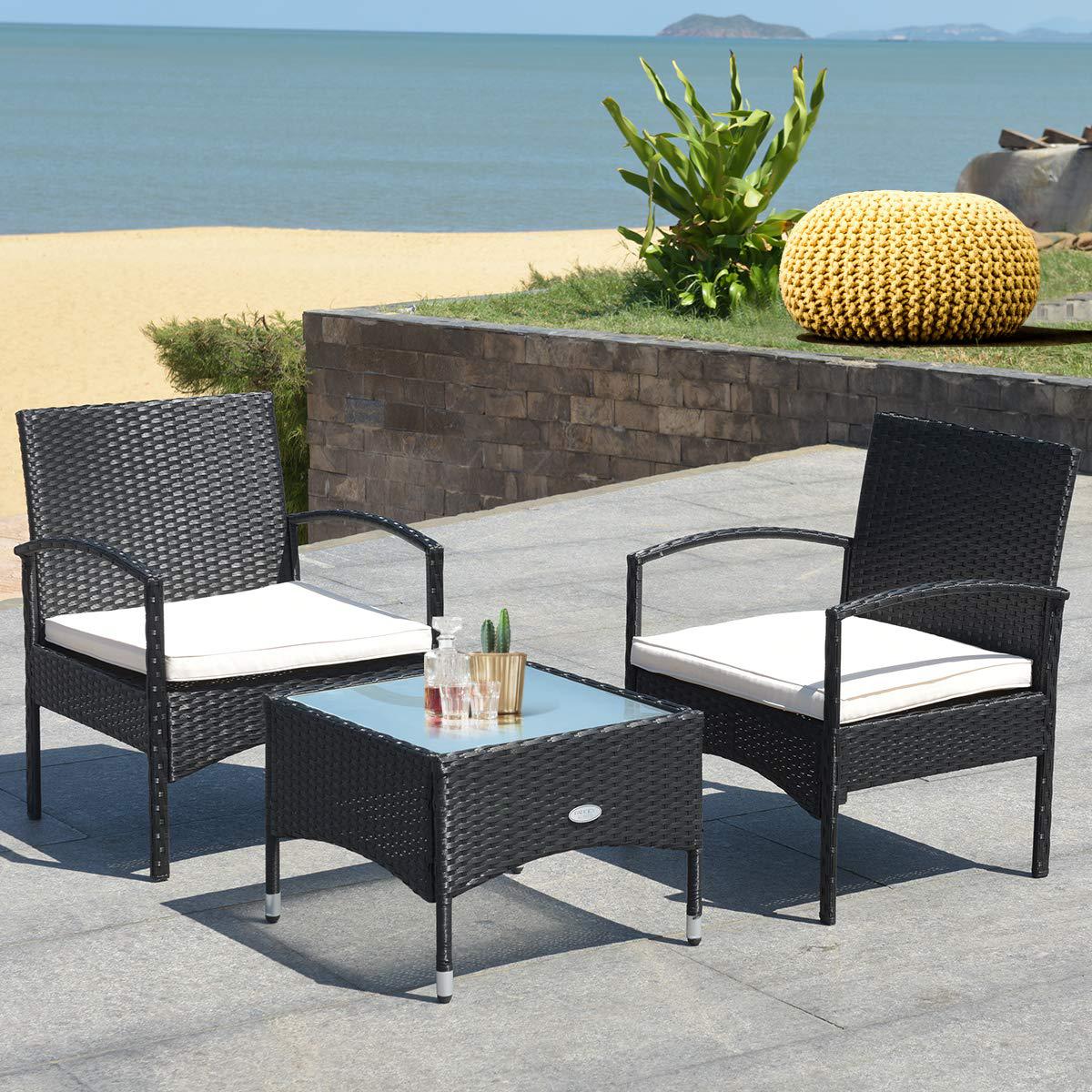 coouright 3 pieces patio bistro set, wicker conversation furniture set w/ 2 seats, tempered glass tabletop, outdoor table and