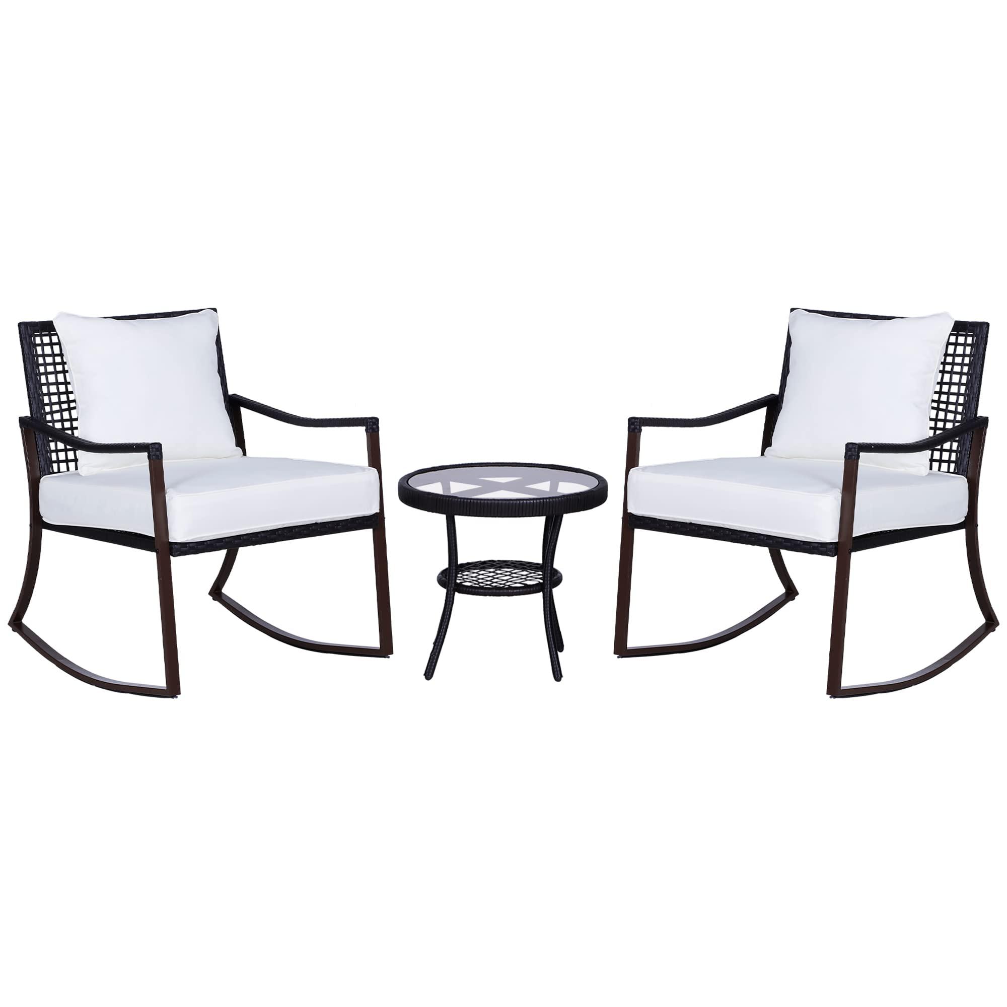 outsunny 3 piece patio rocking bistro set, outdoor pe rattan wicker rocking chairs with cushioned, pillows, two-tier glass st