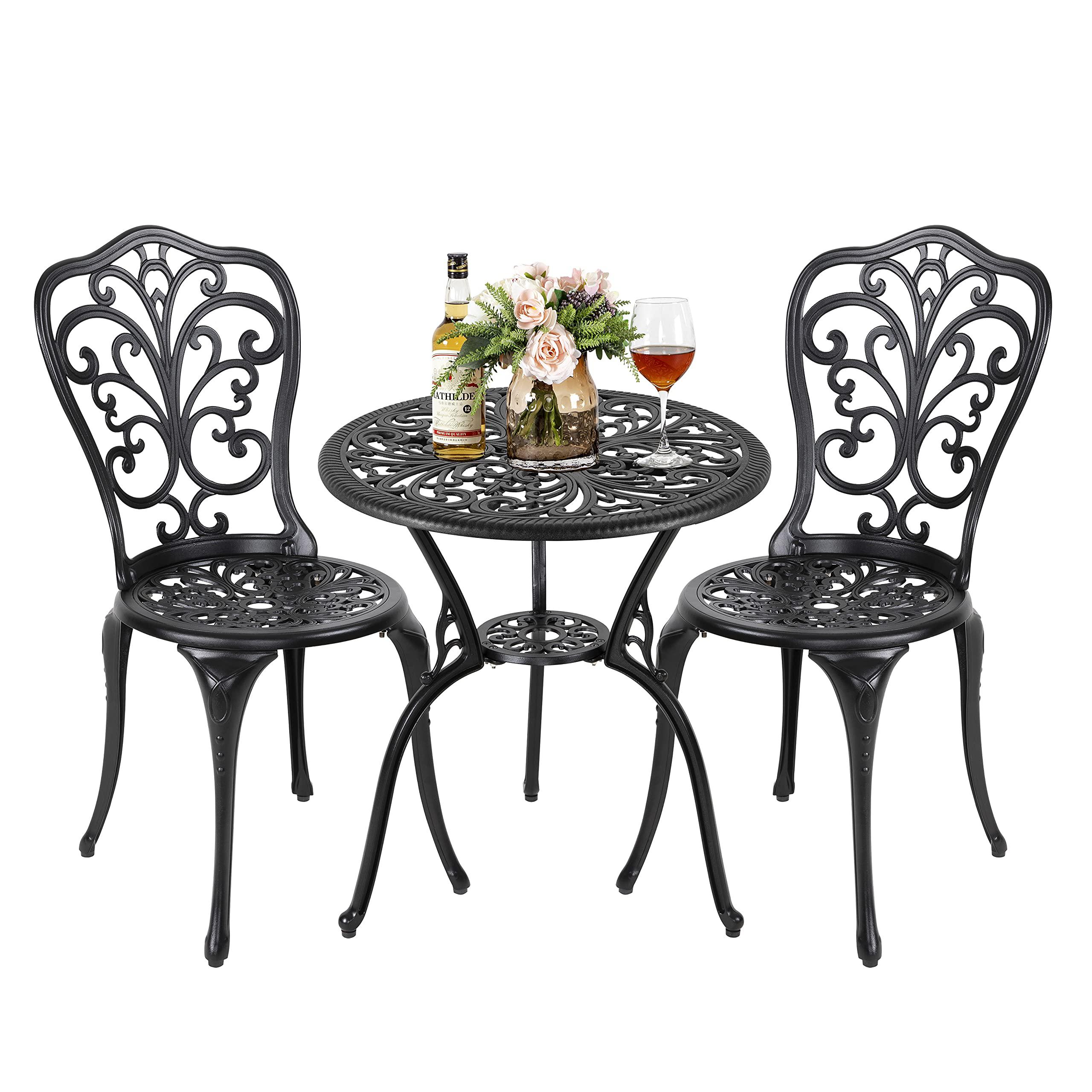 nuu garden 3 piece outdoor bistro table set, all weather aluminum table and chairs with umbrella hole for yard, balcony, blac