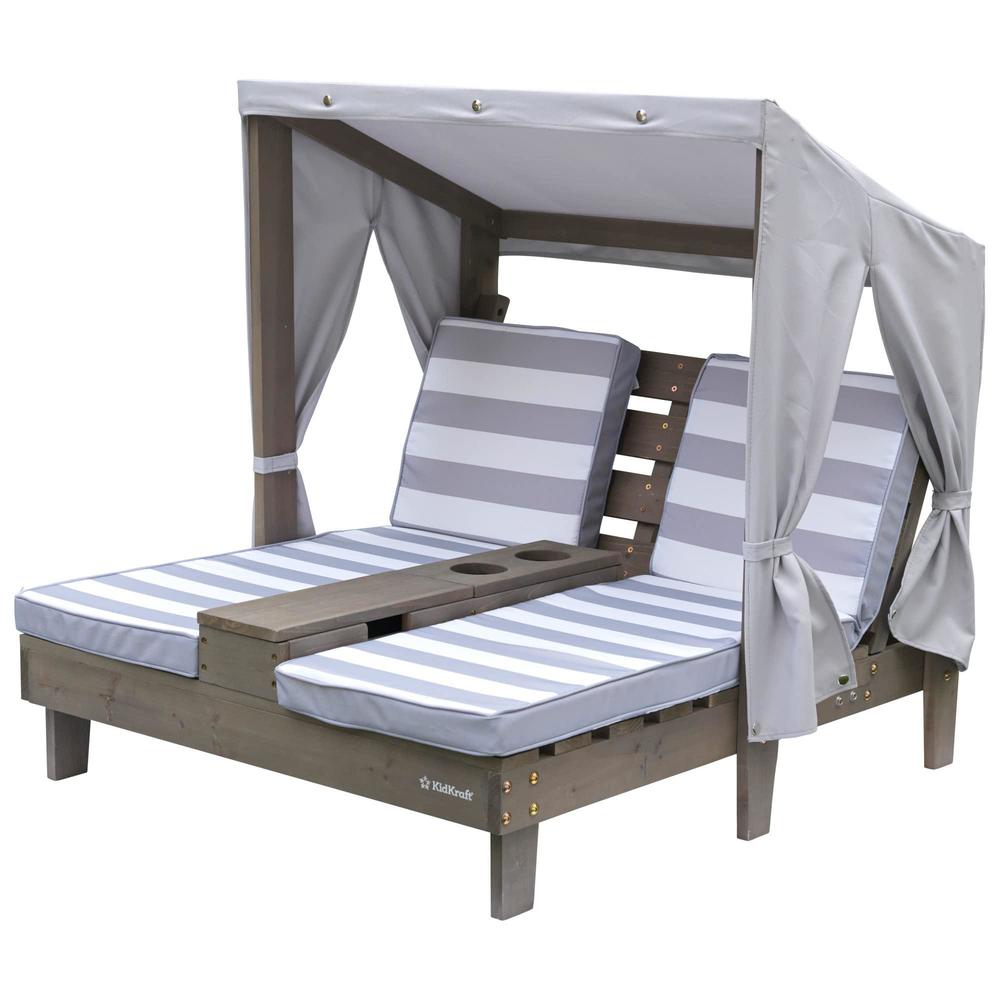 kidkraft wooden outdoor double chaise lounge with cup holders and cushions, kid's patio furniture, gray, gift for ages 3-8 , 