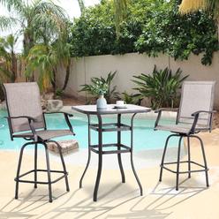 Vongrasig 3 Piece Patio Swivel Bar Set, All Weather Mental Textilene High Swivel Stools Chair Set of 2 and High Glass Bar Table,
